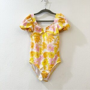 Janie And Jack Girls' Floral Puff Sleeve Swimsuit Size 6 Blazing Orange Size 6